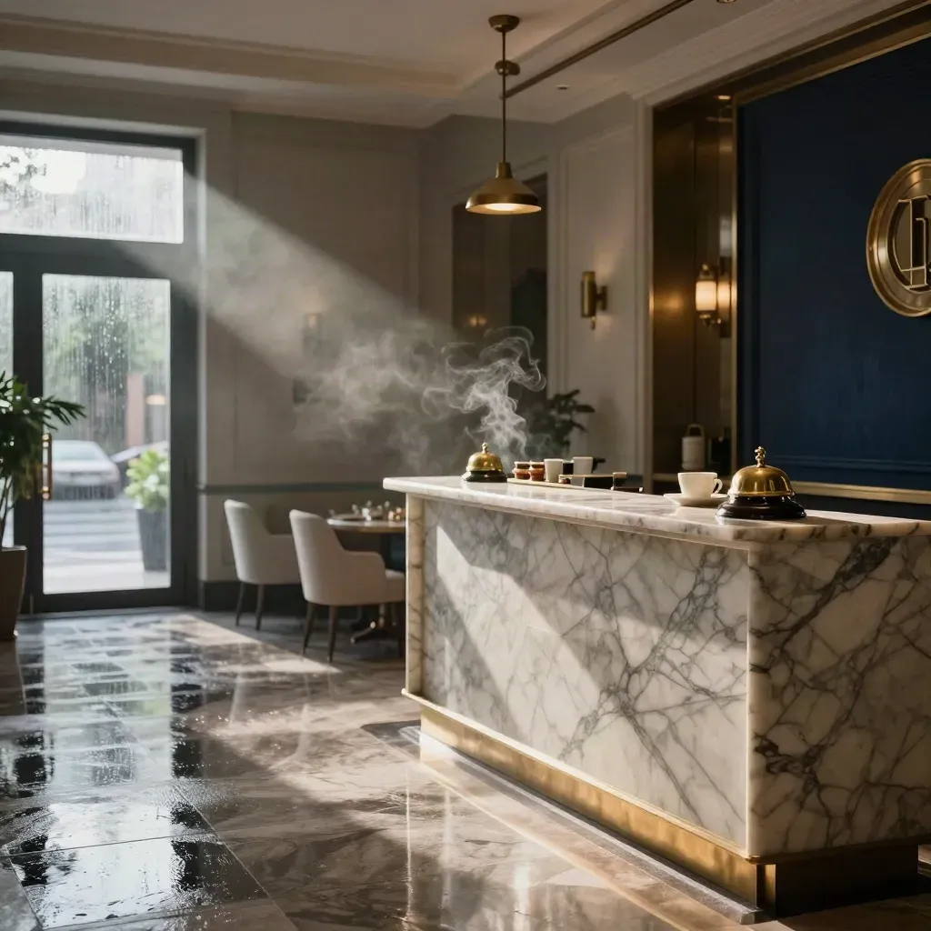 Lobby elegante di hotel dopo la pioggia, con reception in marmo e luce mattutina.
