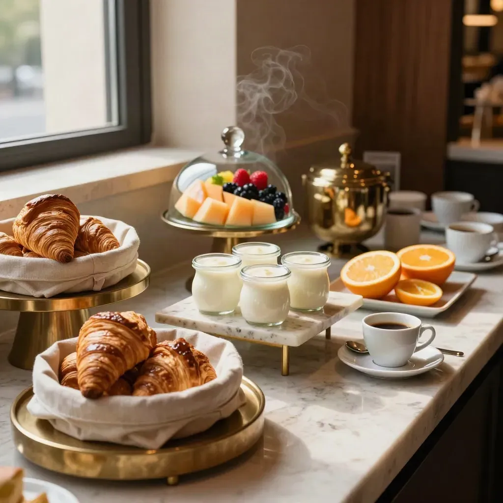 Buffet colazione con croissant, frutta, yogurt e caffè su supporti in pietra e ottone.