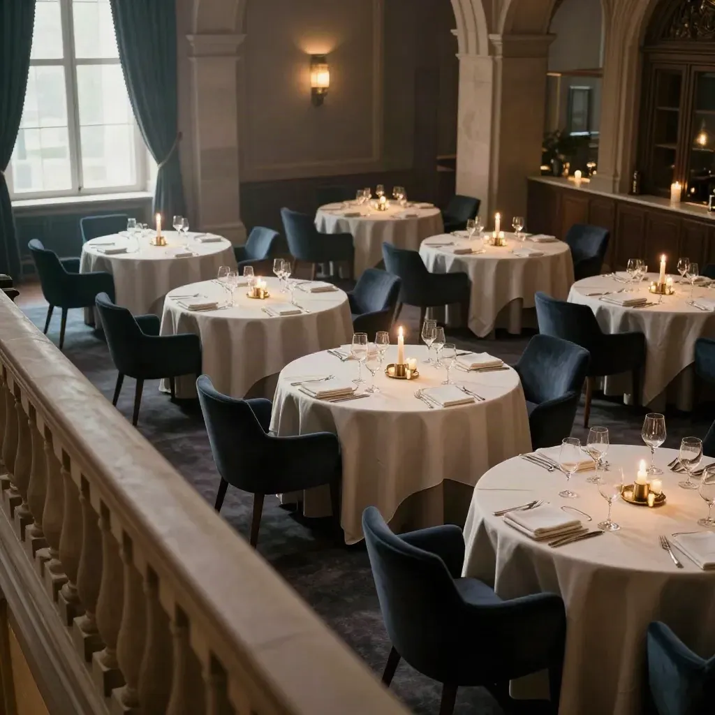 Sala banchetti elegante con tavoli tondi, candele e dettagli blu notte