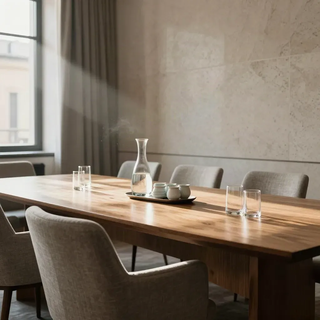 Sala meeting elegante in un hotel di Roma, pronta al mattino con luce calda e dettagli raffinati.