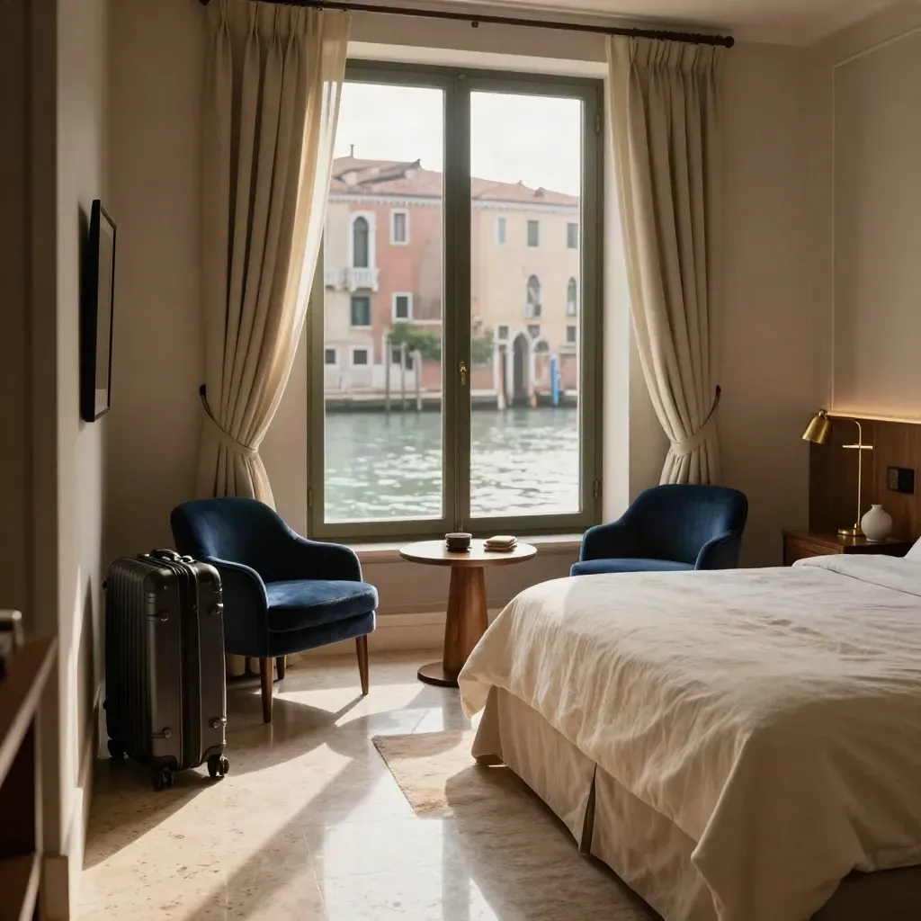 Suite veneziana vista canale con letto king, poltrona in velluto e due valigie ordinate all’ingresso.