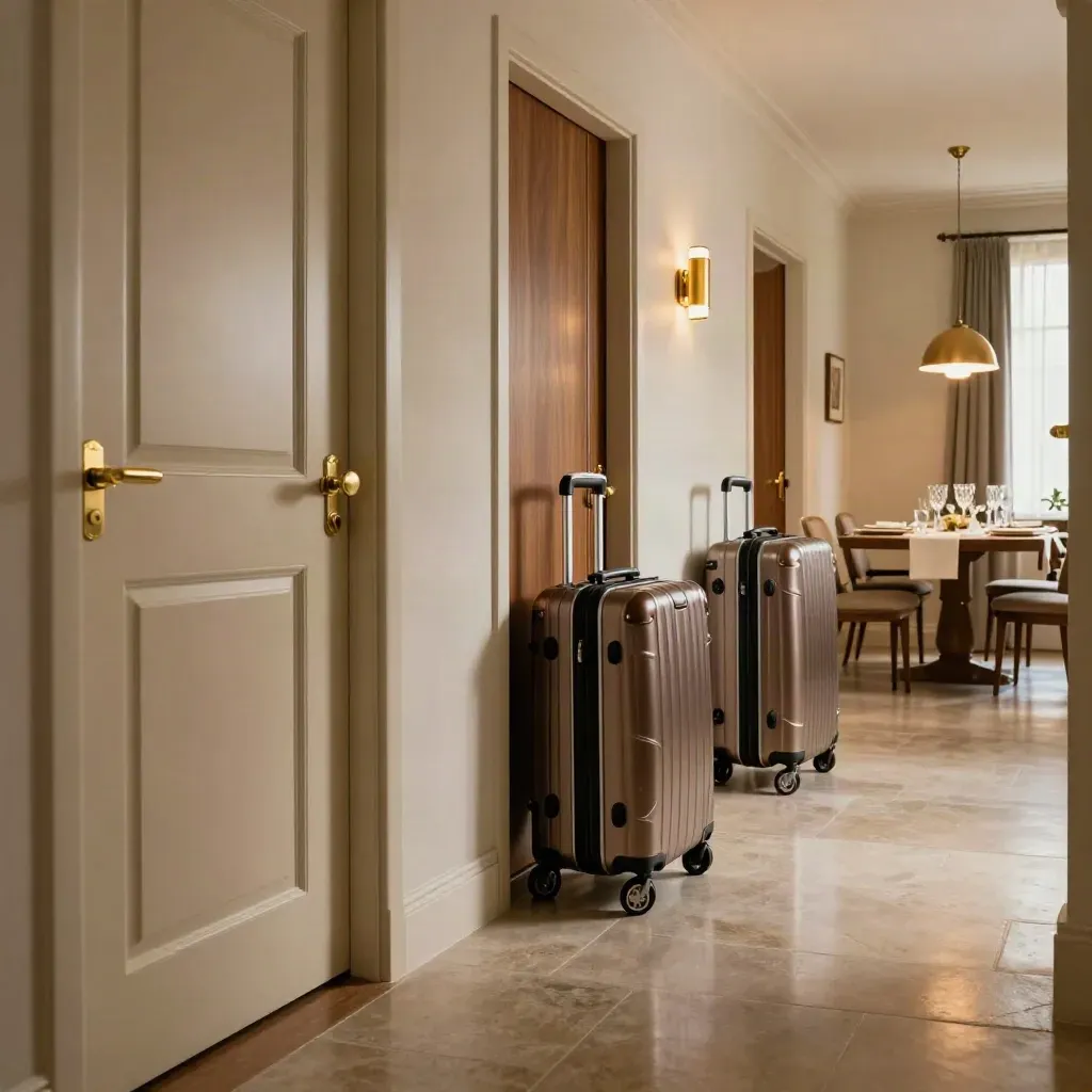 Corridoio d’hotel con porte vicine, carrelli bagagli e tavolo cena illuminato in fondo