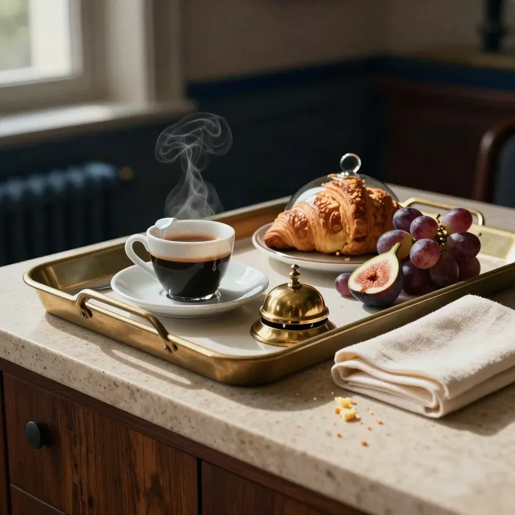 Vassoio colazione elegante con espresso, frutta, dolce, campanello in ottone e lino in luce calda.