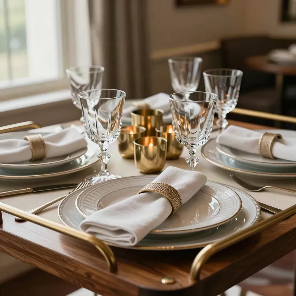 Piatti charger, calici di cristallo e portacandele pronti per un elegante allestimento eventi.