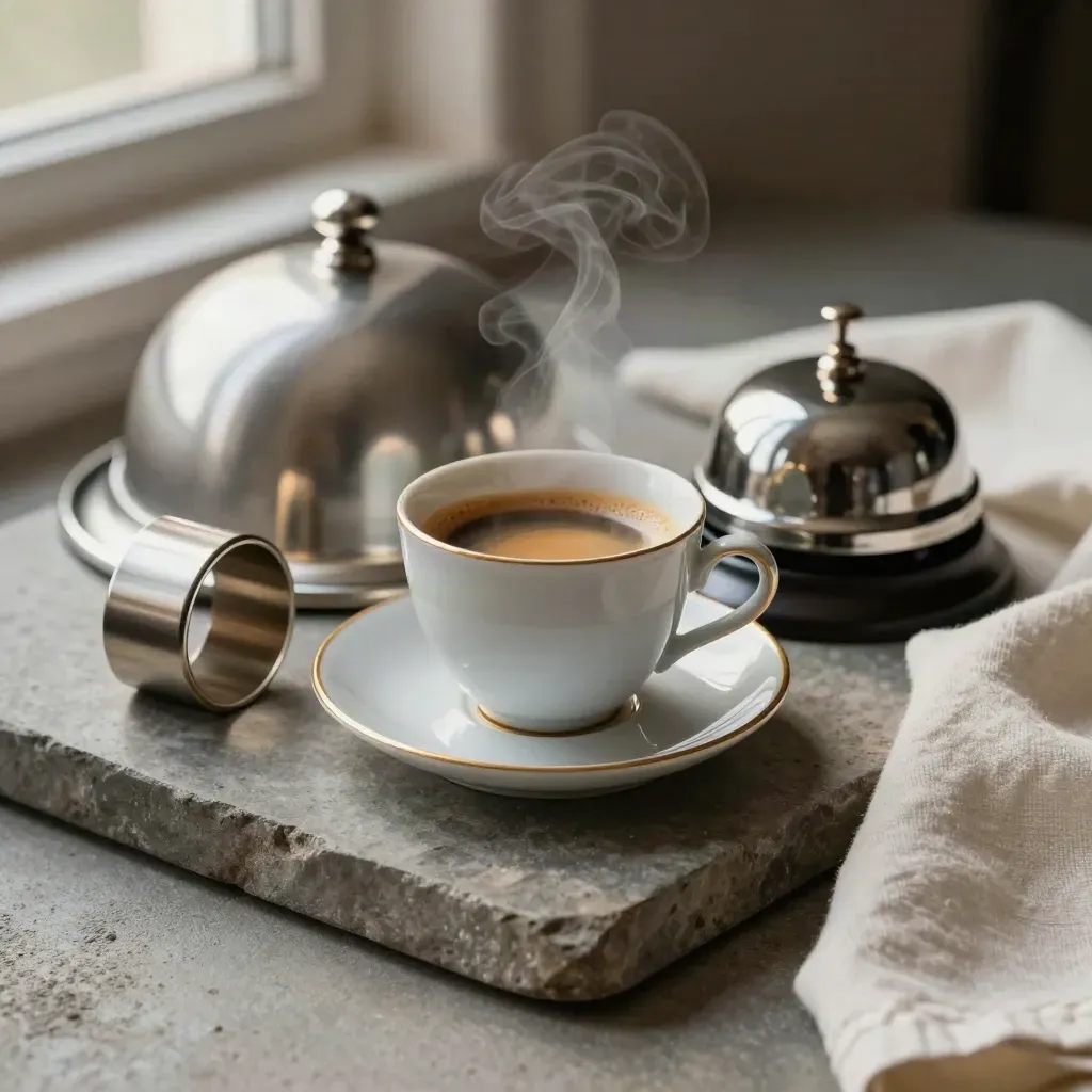 Spuntino colazione con tazza di caffè, cloche, anello per tovagliolo e campanello su vassoio di pietra.