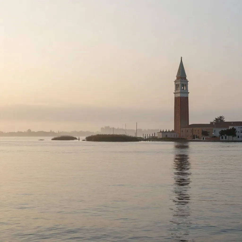 Laguna di Venezia all’alba con campanile e isole avvolti nella nebbia