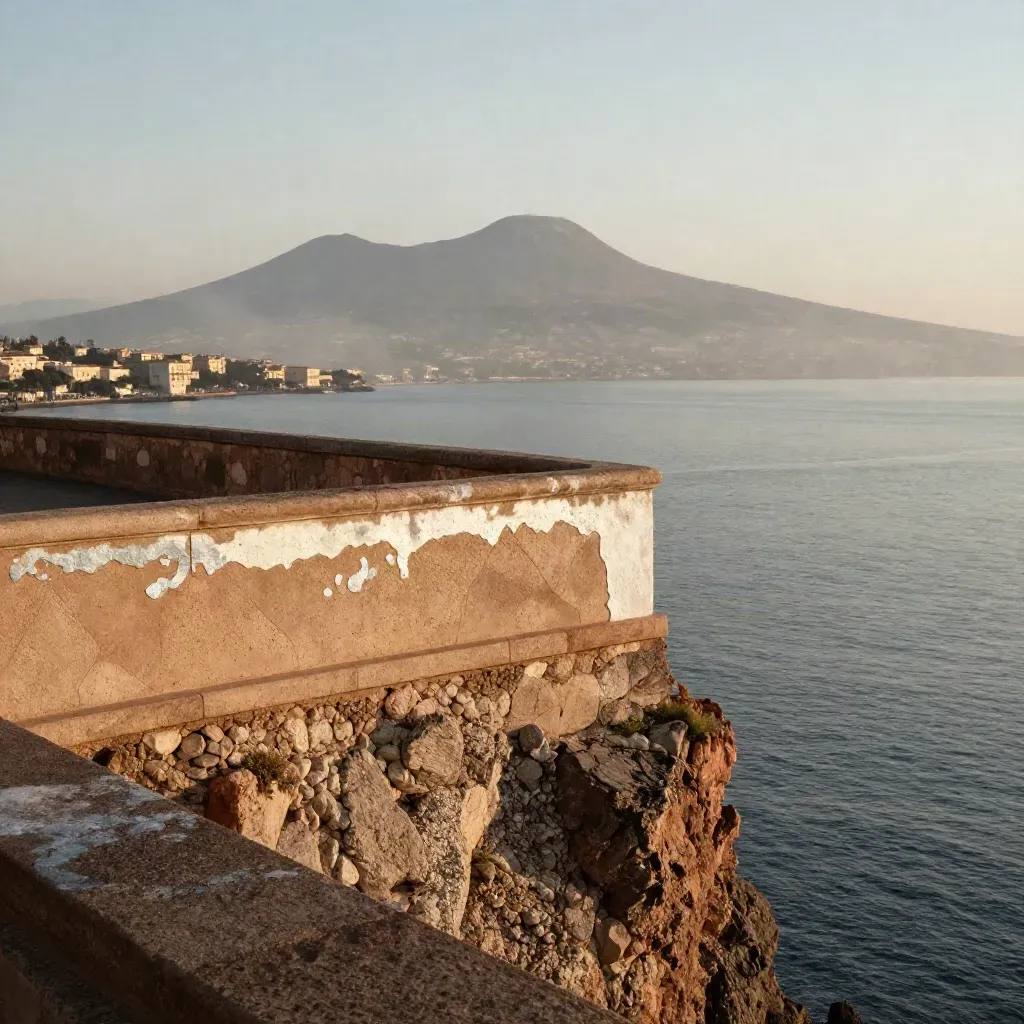 Terrazza sul Golfo di Napoli con il Vesuvio velato e roccia chiara in primo piano